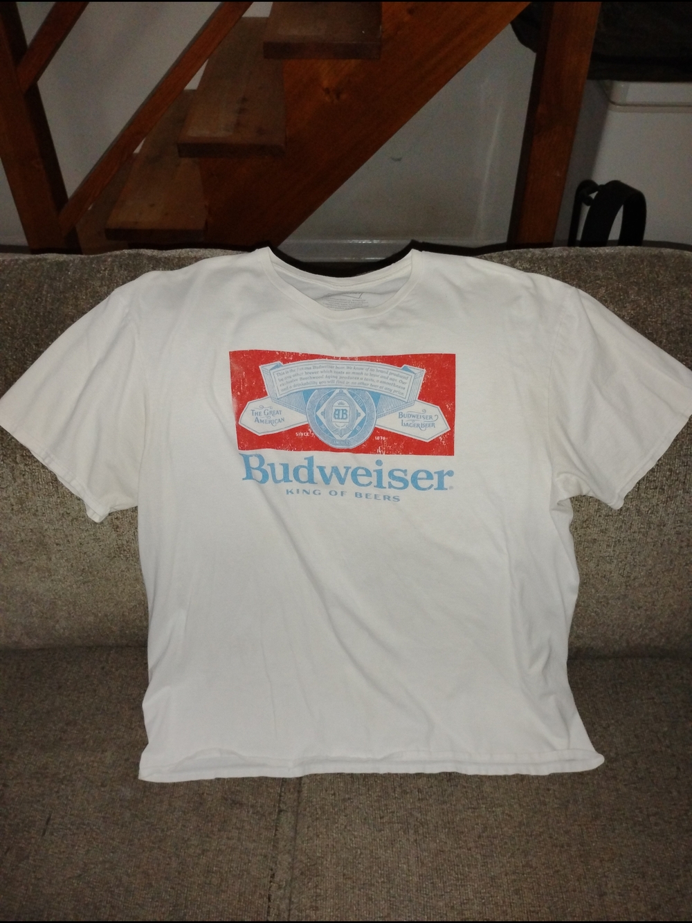 Men's Budweiser White Graphic Tee with Red & Blue Logo